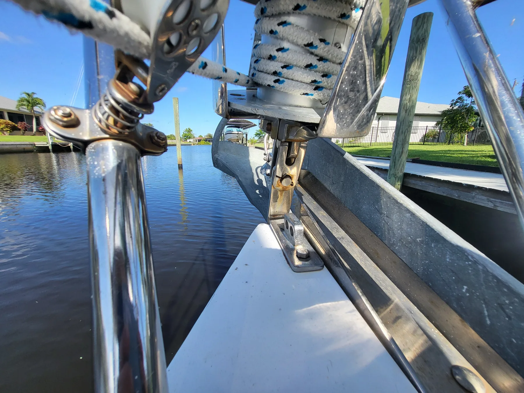 Headsail furling drum, furling line, anchor roller, and bow pulpit hardware